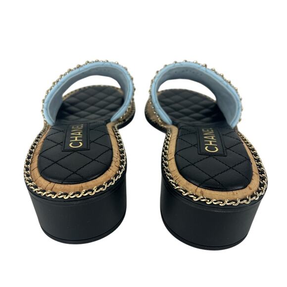 Chanel 2024 Interlocking CC Logo Quilted Chain Heeled Slides in Blue & Black - Picture 12 of 15